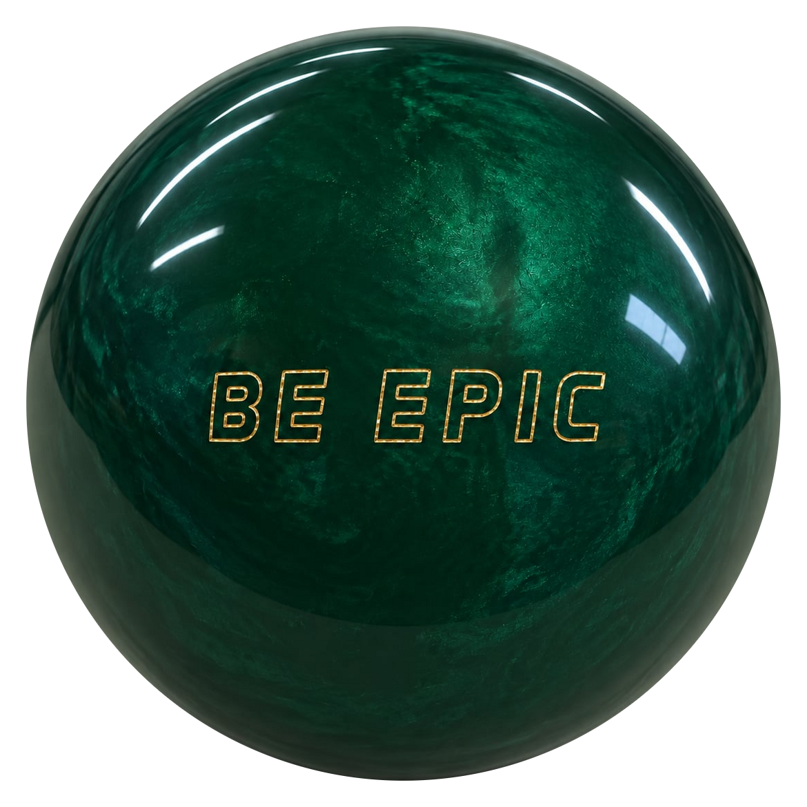 Epic Emerald Be Epic bowling ball showing the gold Be Epic logo