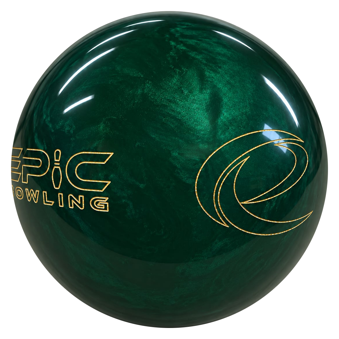 Epic Emerald Be Epic bowling ball angled to show the Epic Bowling and e logos