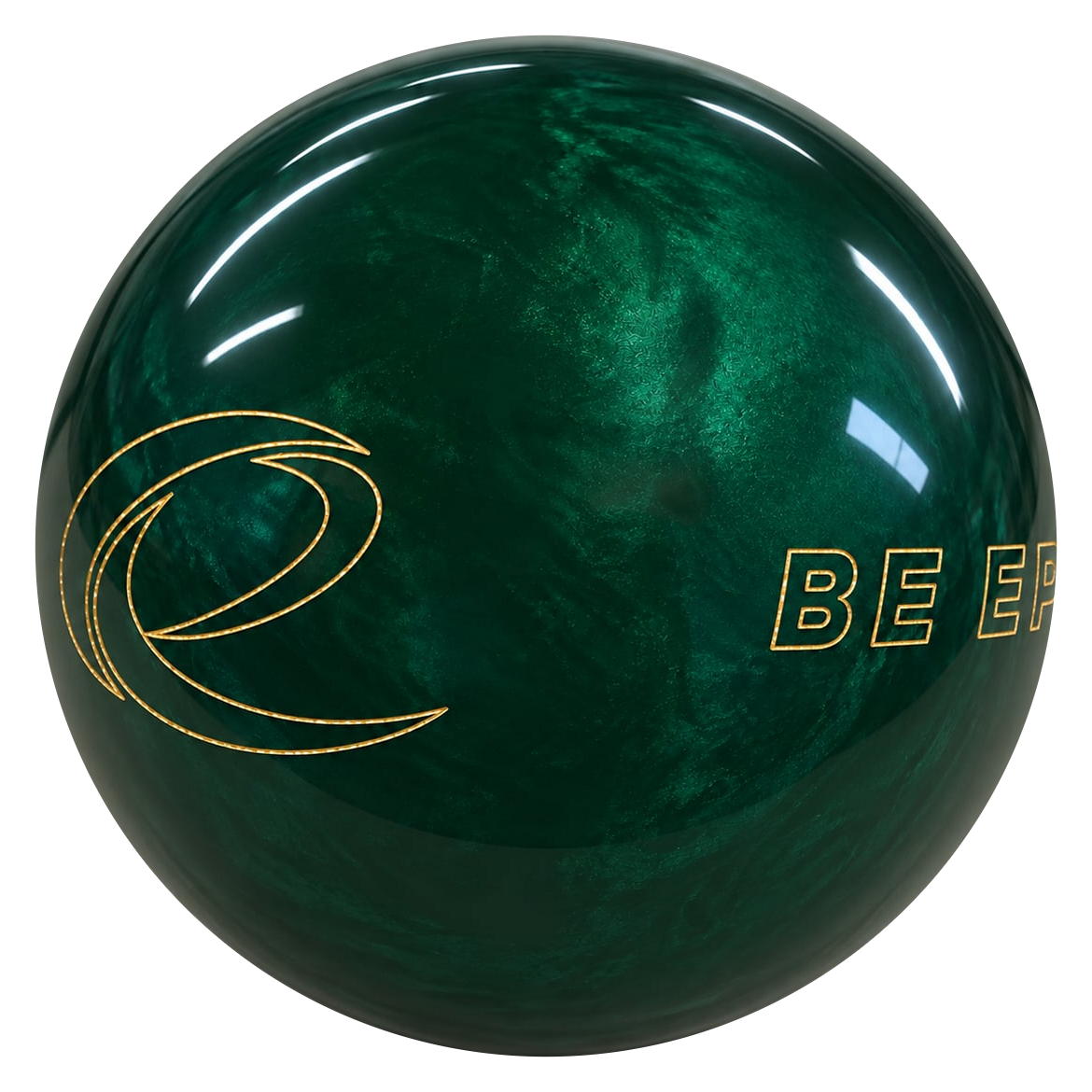 Epic Emerald Be Epic bowling ball angled to show the e and Be Epic logos