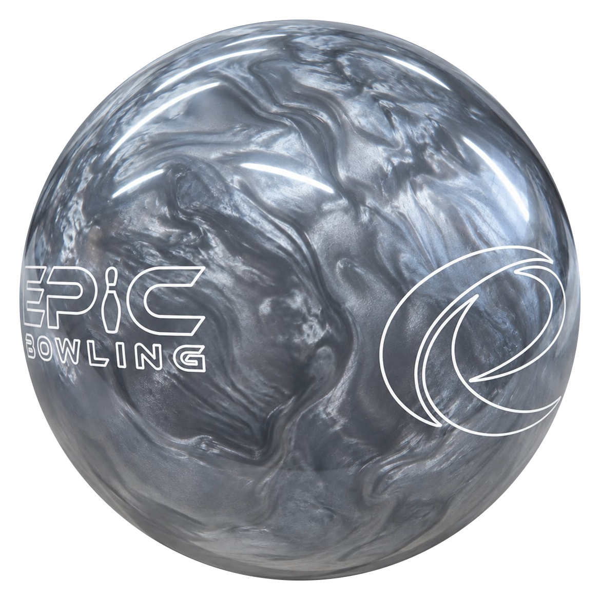 Epic Pin Ball Be Epic bowling ball angled to show the Epic Bowling and e logos