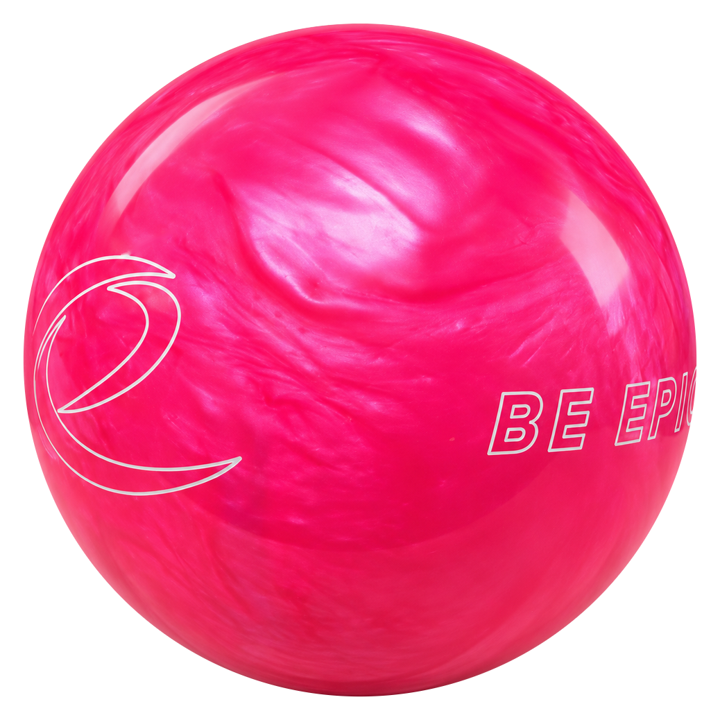 Epic Hot Pink Be Epic bowling ball angled to show the e and Be Epic logos